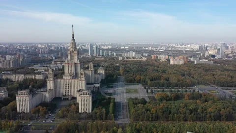 Drone pulling away from Moscow State University Stock Footage 325983518
