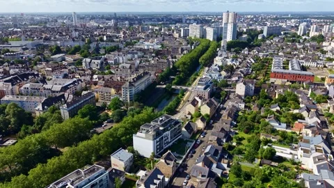 Drone Pulling Back Above Rennes and Vilaine River France Stock Footage 340602503