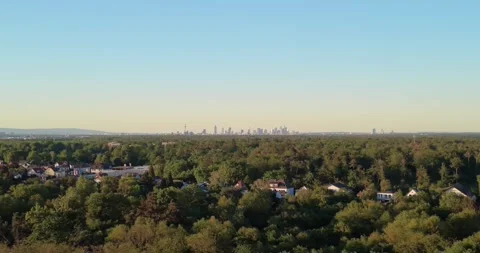 Drone pulling back from Frankfurt skyline modern city Germany Video stock 334108426