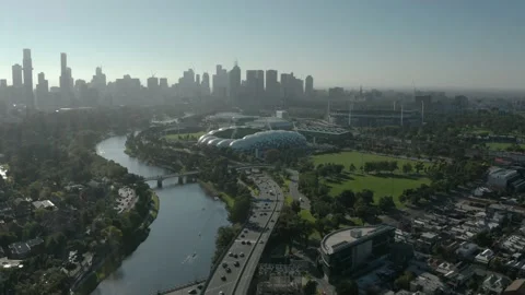 Drone pulling back Melbourne Richmond NYLEX tower Stock Footage 150608821