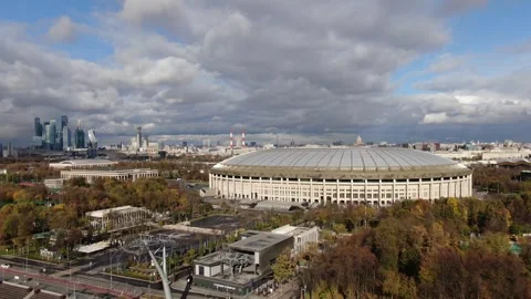 Drone pulling back over large city stadium Stock Footage 323875455