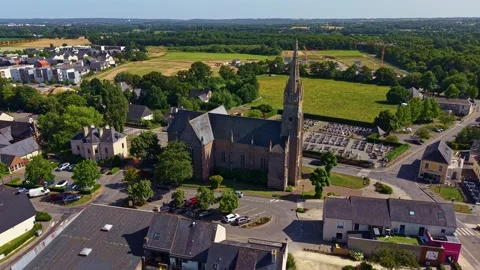 Drone Pulling Back from Saint Martin Church in Chavagne Brittany Stock Footage 340602463
