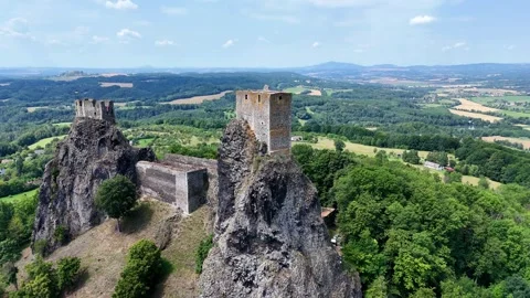 Drone Pulling Back from Trosky Castle Tower – Smooth Retreat Stock Footage 313673693