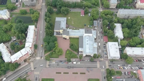 Drone pulling back upward above cultural center Podolsk Stock Footage 327811970