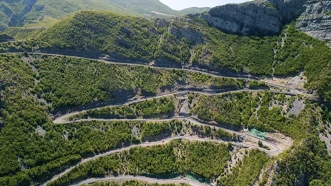 Drone Pulls Back Over Winding Mountain Road in Albanian Alps Stock-Footage 331303955