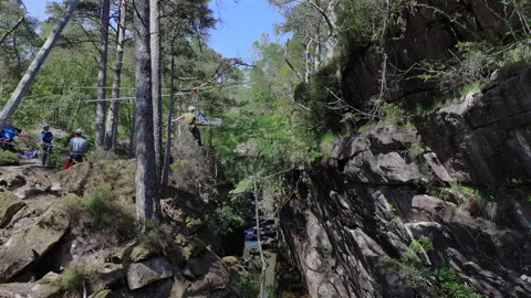 Drone push between trees of rescue attendant and stretcher on ropes over gorge Stock Footage 327915581