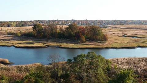 Drone push in brilliant colored trees and river in fall on staten island Stock Footage 229350156