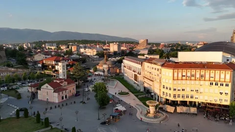 Drone Push Forward Over Skopje Square to Fountain Olympia and Church, 4K Stock Footage 337175563