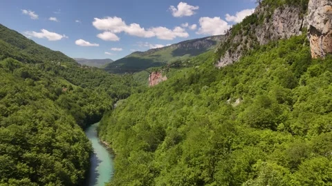Drone Push Forward over Tara River Canyon to Durdevica Tara Bridge, 4K Stock Footage 337180340