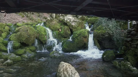 Drone push forward toward cascades at Veliko Vrelo spring, Lisine Serbia Stock Footage 327789530