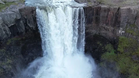 Drone push in to Gufufoss waterfall close up with spray, East Iceland Stock Footage 346552024