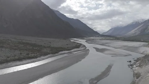 Drone Push In Over Dry Ladakh Ground with River Flowing Through Mountain Valley Stock-Footage 335760864