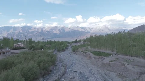 Drone Push In Over Flowing River in Ladakh with Green Trees and Mountains Over Stock Footage 335760365