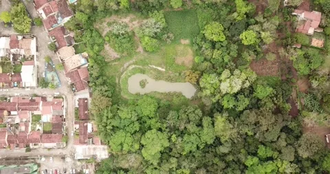 Drone push-in shot of a lagoon surrounded by urban area, Macaé, RJ Stock Footage 317731329