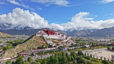 Drone Push In Shot of Potala Palace with Mountains Tibet China Stock Footage 341461754