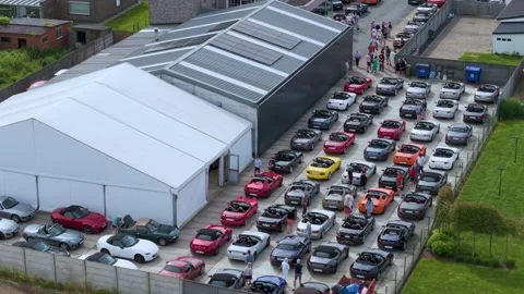 Drone Push In Toward Convertible Car Gathering Stock Footage 340535867