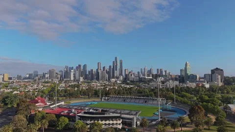 Drone Push In Toward Melbourne CBD Over Albert Park Lake Stock Footage 325683070