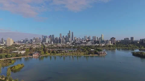 Drone Push In Toward Melbourne CBD Over Albert Park Lake Stock Footage 325683160