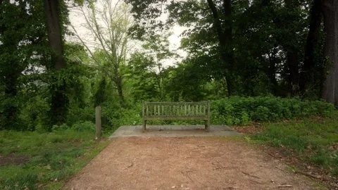 Drone push-in towards an old, empty, wooden park bench that overlooks a Vídeo Stock 133739886