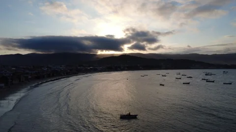 Drone pushing forward over the bay of a small fishing town. Stock Footage 331358341