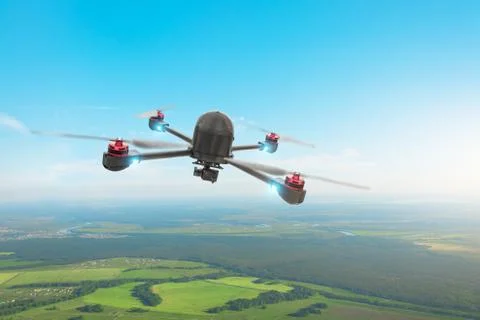 Drone quad copter with high resolution digital camera on the sky, flies over  Foto stock