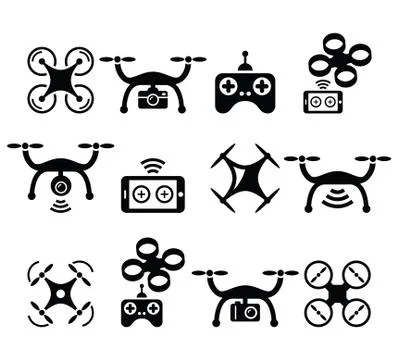 Drone quadcopter with camera and controller icons set Stock Illustration
