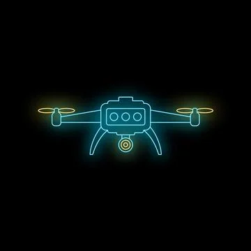 Drone quadcopter camera flying with neon glowing outlines Stock Illustration