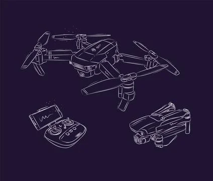 Drone quadcopter folded, unfolded and remote controller blue bg Stock Illustration