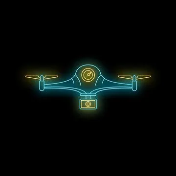 Drone quadcopter with glowing neon lines on black Stock Illustration