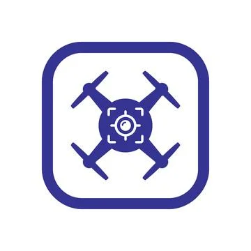 Drone quadcopter icon with camera lens on dark purple outlined square backg.. Stock Illustration