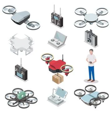 Drone quadcopter vector isometric icon set Stock Illustration
