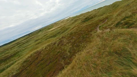 Drone Racing Through The Grassy Fields Near The Sea Stock-Footage 228653953