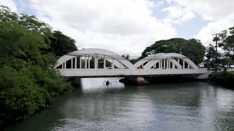 Drone rainbow bridge fly out with kayak Stock Footage 170029443