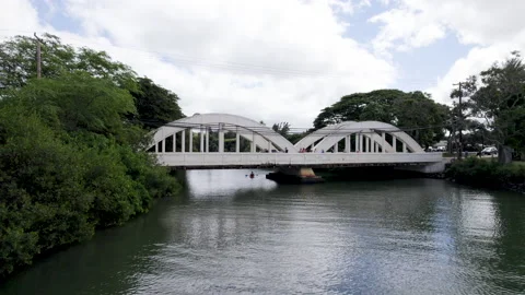 Drone rainbow bridge fly in with pedestrians Stock Footage 170028752