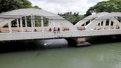Drone rainbow bridge people jumping in the water Stock Footage 170032290