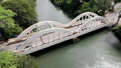 Drone rainbow bridge static shot diagonally down Stock Footage 170033563