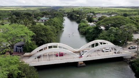 Drone rainbow bridge static wide shot Stock Footage 170033737
