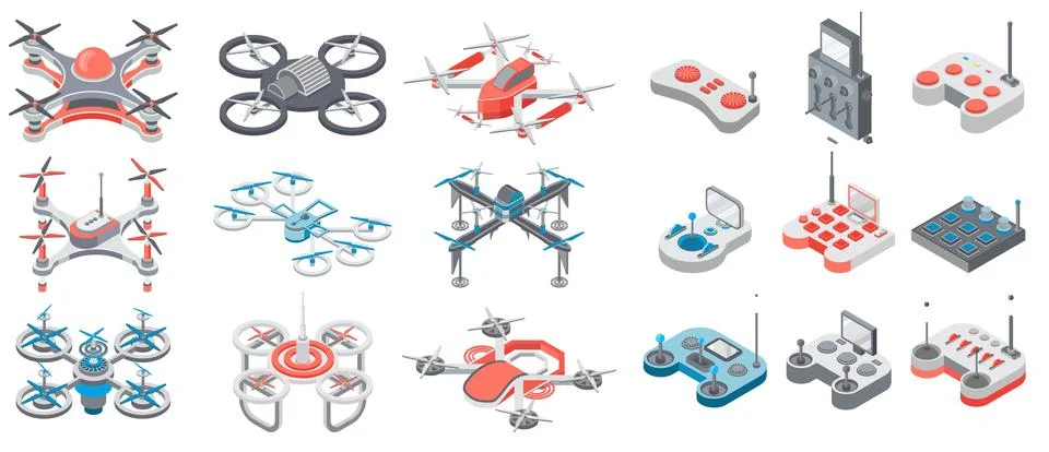 Drone with remote control, quadcopter collection of flying digital devices with Stock Illustration