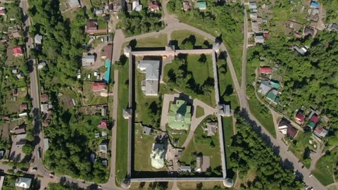 Drone retreating and tilting up above Zaraysk Kremlin Stock Footage 332093993