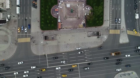 Drone retreating downward above Pushkin monument area Stock-Footage 328994983