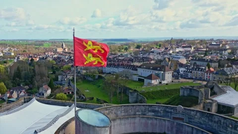 Drone Reveal of Normandy Flag and William the Conqueror’s Castle in Falaise - Stock Footage 307386340