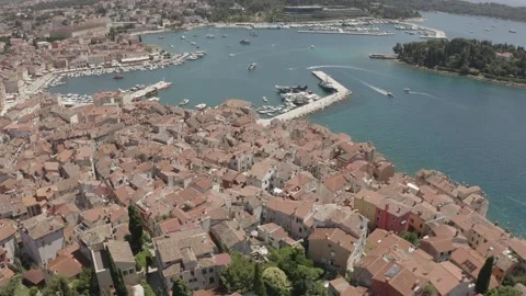Drone Reveal Past St. Euphemia Bell Tower Toward Rovinj Bay, Croatia Stock Footage 344039821