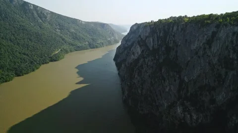 Drone Reveals Danube Gorge Along Iron Gates Cliffs Stock-Footage 333461246