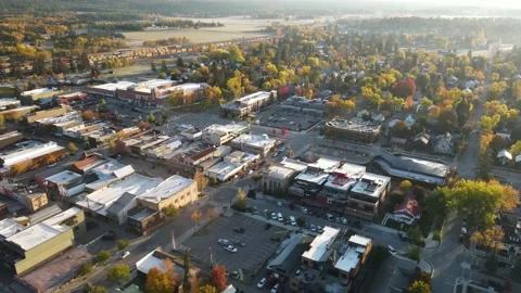 Drone reverse reveal over whitefish small town fall autum montana 4k aerial Stock Footage 219373830