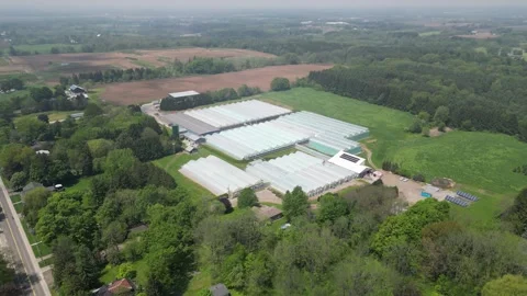 Drone - Right to Left Far View of Greenhouses Property with Zoom (slow) Stock Footage 314227420