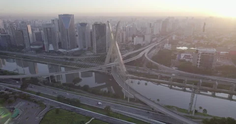 Drone Right to left from Ponte estaiada sunrise São Paulo Brazil Stock Footage 231802286