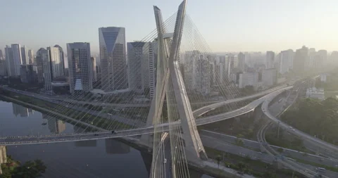 Drone Right to left from Ponte estaiada sunrise São Paulo Brazil Stock Footage 231804274