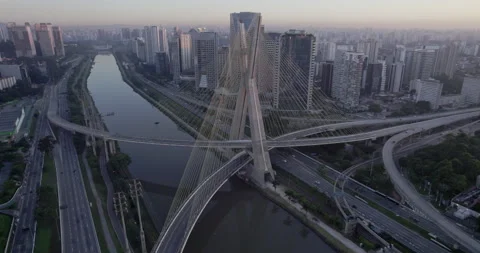 Drone Right to left from Ponte estaiada sunrise São Paulo Brazil Stock Footage 231815495