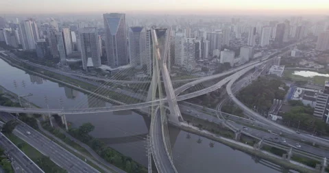 Drone Right to left from Ponte estaiada sunrise São Paulo Brazil Stock Footage 231821832