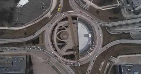 Drone rises above the roundabout of Zi?tek in the center of Katowice. Stock Footage 106907343